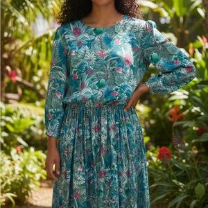 Vintage 80’s Floral Teal Long-Sleeve Midi Dress